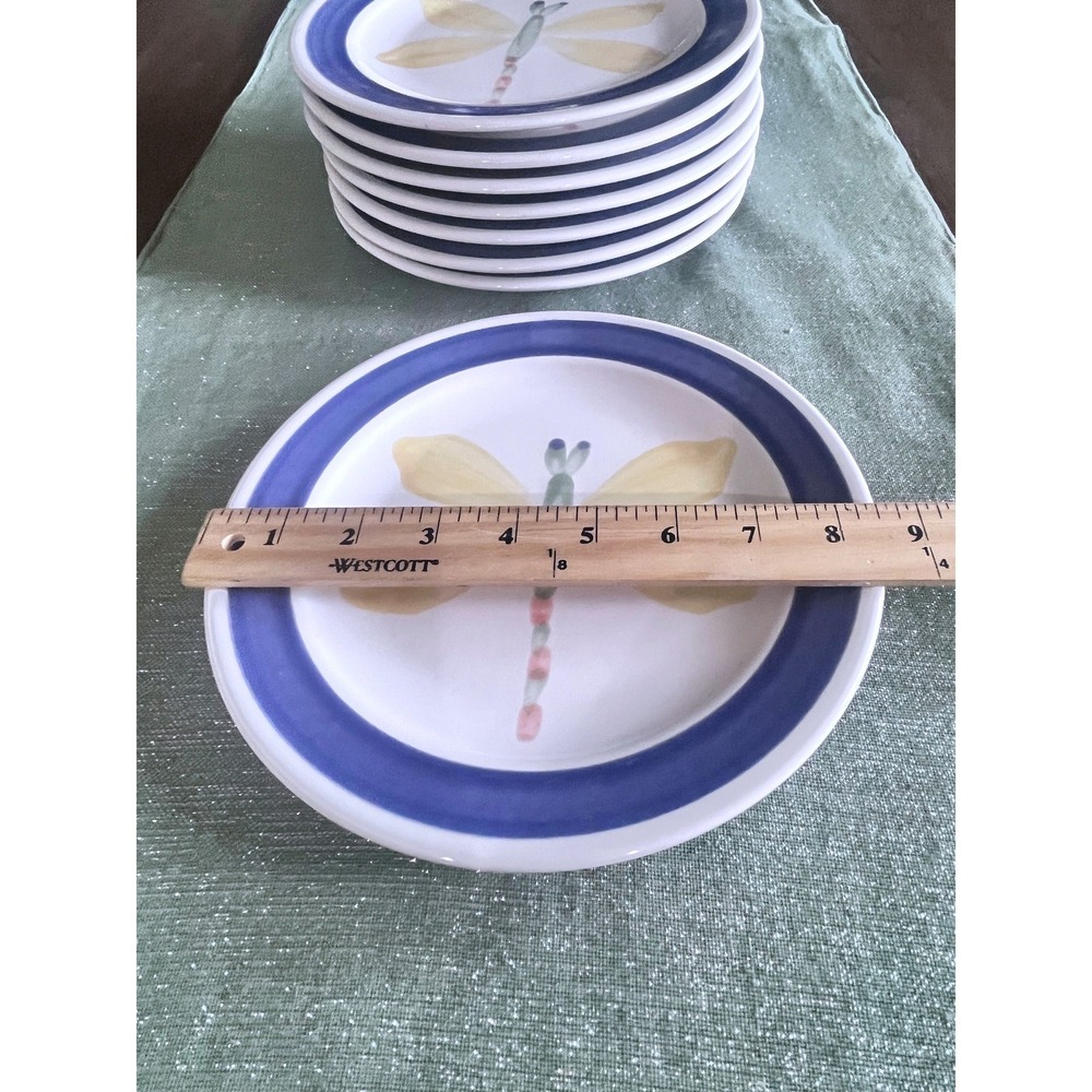 Super Rare Pfaltzgraff Mexico Dragonfly Salad Plates Set of 8 Blue White Vintage - Picture 4 of 5